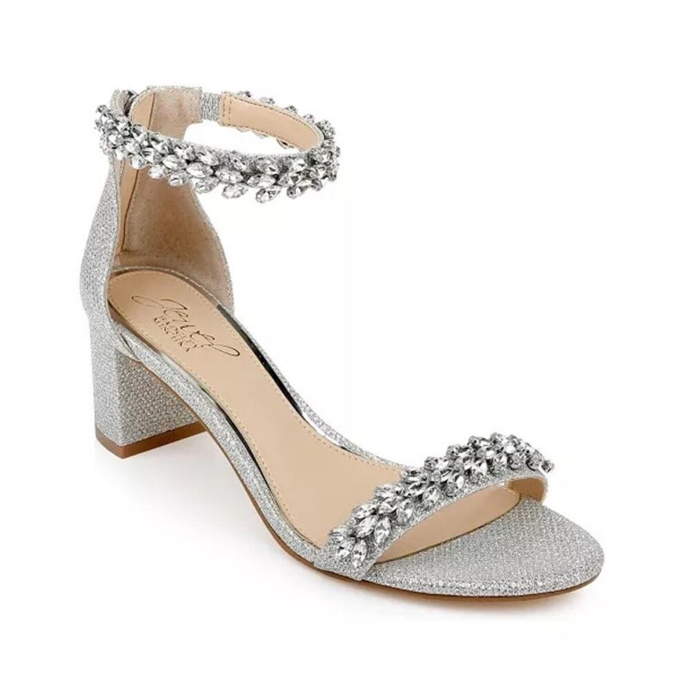 Jewel Badgley Mischka Bronwen Block Heel Evening Sandals Silver Glitter Size 6